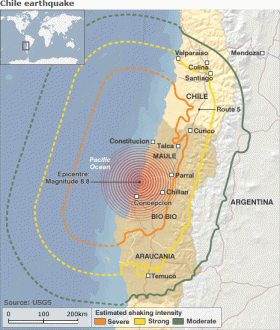 As áreas afectadas pelo terremoto de 27 de fevereiro.
